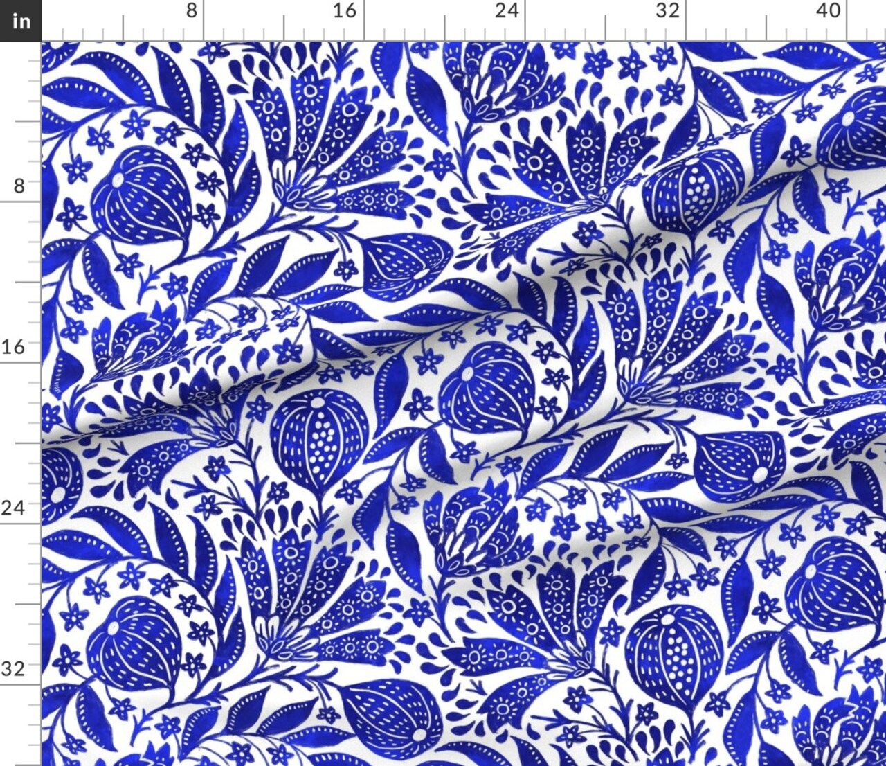 Cobalt Blue Botanical Bright White Indian Floral Figs Custom Printed Fabric by Spoonflower Various Fabrics by the Yard or Fat Quarter